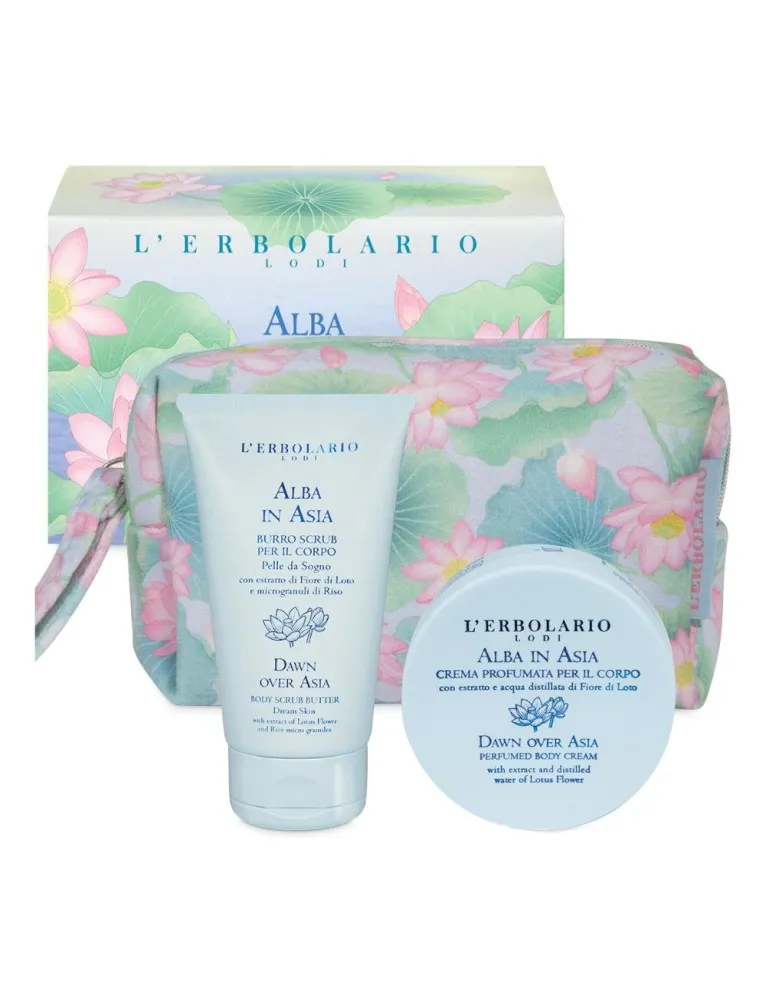 L'erbolario beauty pochette pelle da sogno alba in asia scrub corpo 50ml + crema corpo 75ml