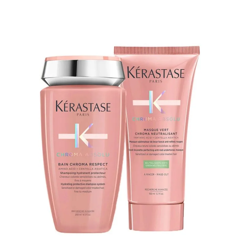Kerastase Chroma Absolu Bain Chroma Respect Shampoo+Masque Vert Chroma 250+150ml - kit per capelli colorati da fini a medi