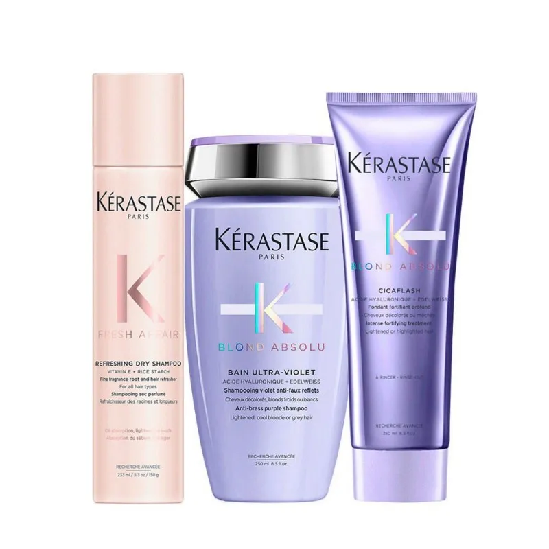 Kerastase Fresh Affair  Refreshing Dry Shampoo+Bain Ultra violet+Cicaflash 150+250+250ml - per Capelli Biondi e Decolorati