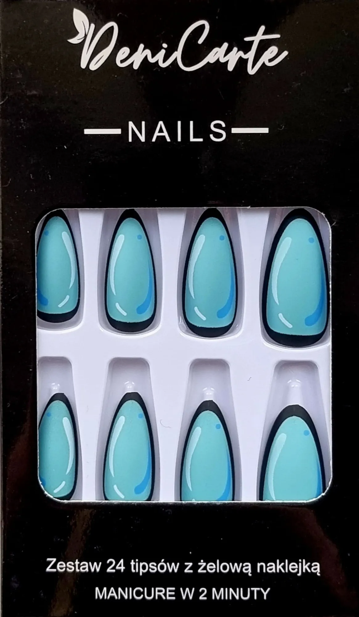 Unghie finte, mandorla blu con bordo nero, 24 pezzi