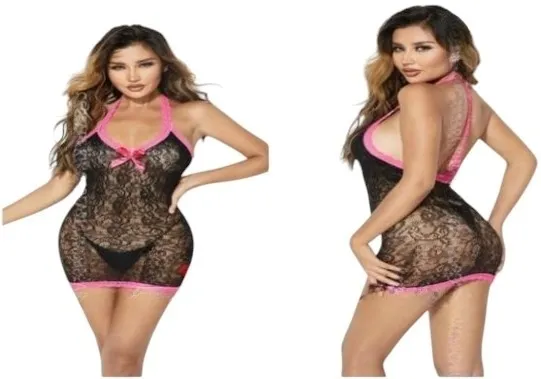 Vestito erotico a rete, elastico, rosa con nero